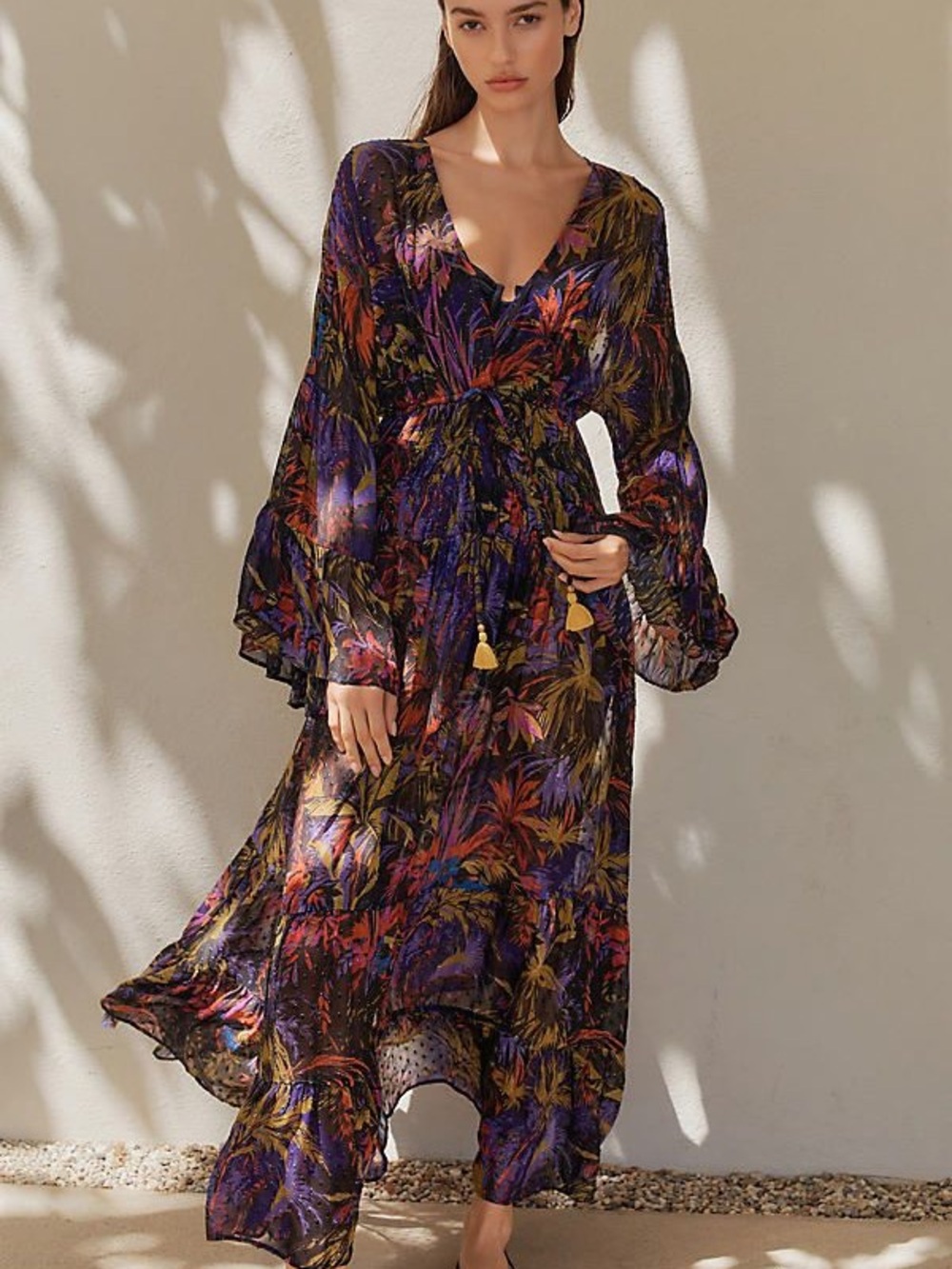 Anthropologie Purple Multi Floral summer Tie-Waist Maxi Dress